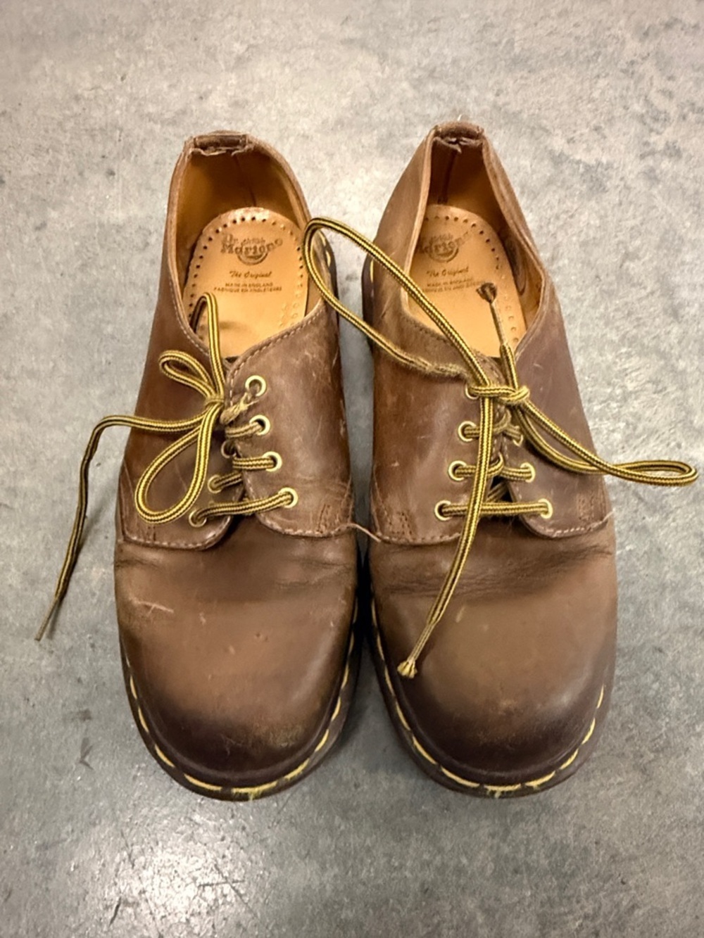 Dr. Martens Brown Leather 3-Eye Derby with Yellow Stitching